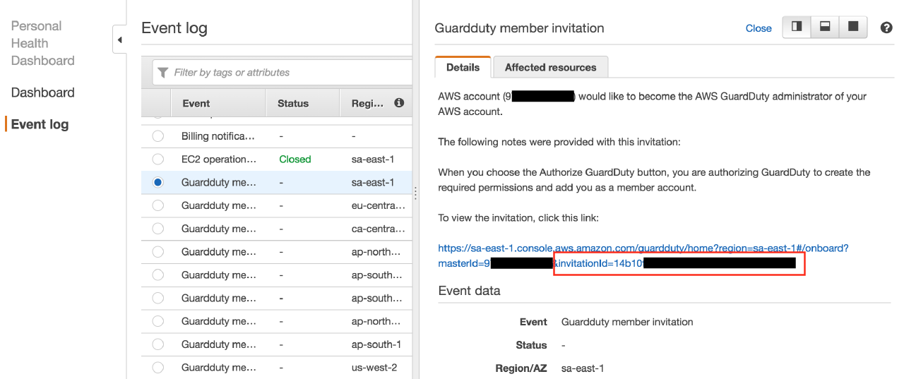 GuardDuty member invitation ID in the Personal Health Dashboard