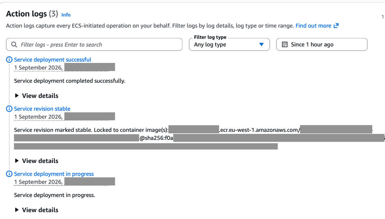 The Action logs panel in the ECS console, showing three entries for one service deployment: deployment in progress, service revision marked stable, and deployment successful